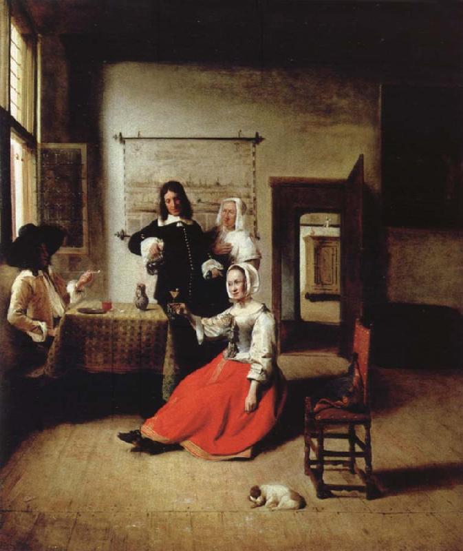 Pieter de Hooch Weintrinkende woman in the middle of these men Norge oil painting art